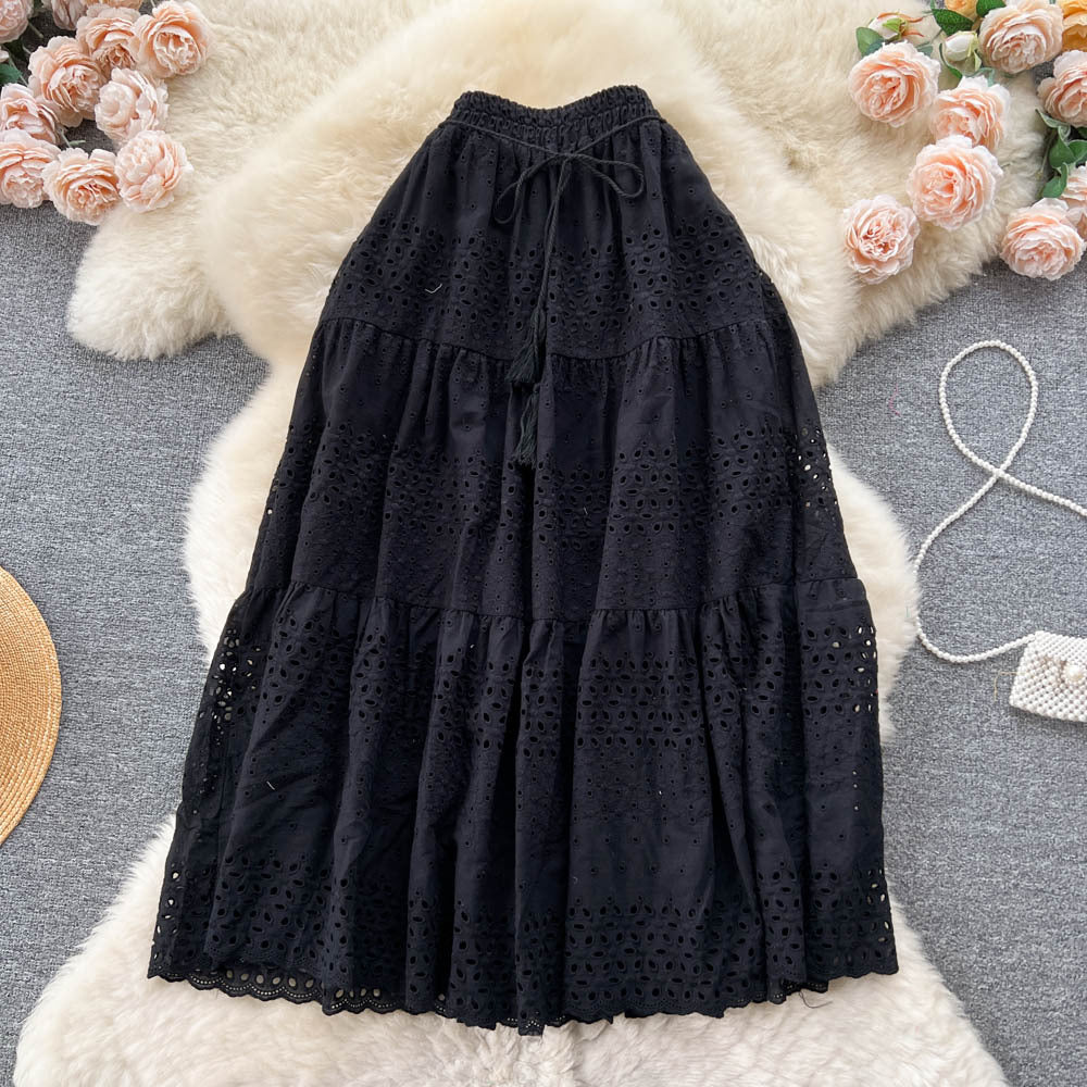 Elegant hollow-out lace embroidered crochet midi skirt - women's tie-waist high-waisted slimming sweet versatile vacation style fairy skirt