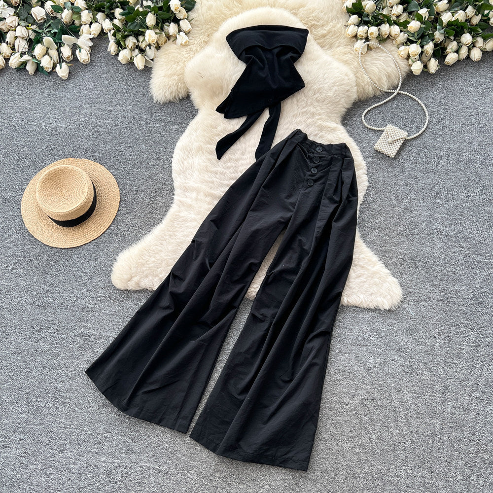Accessible luxury normcore style suspender waist vest wide-leg pants two-piece set women's summerslimming lookfashion style work clothingsuit