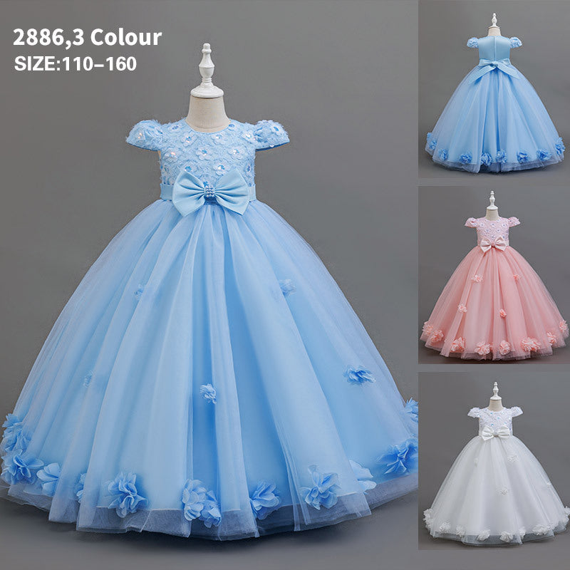 Export style girl dress mesh long half sleeve embroidered princess dress flower girl wedding dress elegance girl clothing in stock