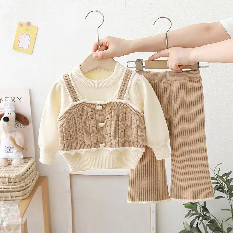 Girls' knit sweater set - new  collection: handmade flower pom-pom detail, includes pants