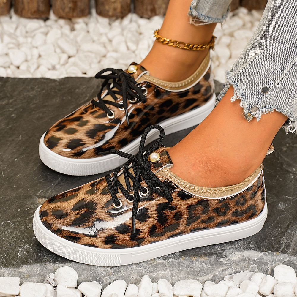 Export cross-border plus sizenew arrival leopard print thick sole sneakers women's waterproofnon-slip sports casual shoes tie backflats