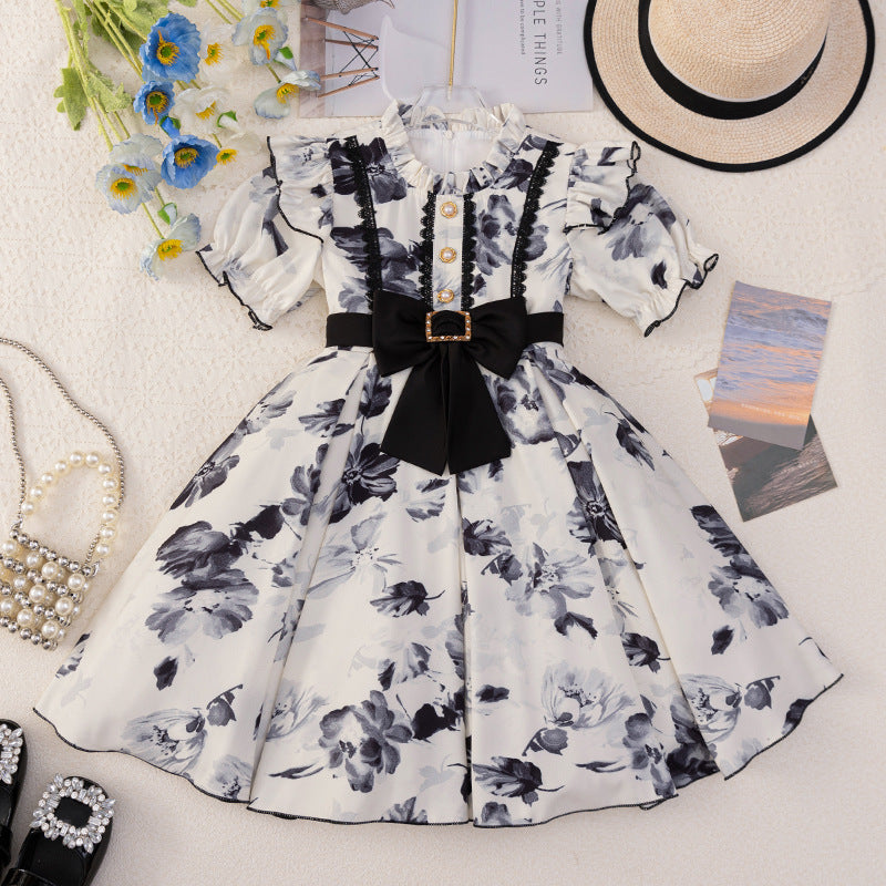 Custom girls' dress - ink wash painting princess style - birthday chic short sleeve chiffon dress - perfect for little girls - cross-border e-commerce