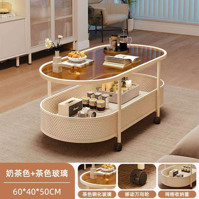 Creamy style lightweight movable side table small apartment living room coffee table sofa side table with wheels minimalist storage trolley