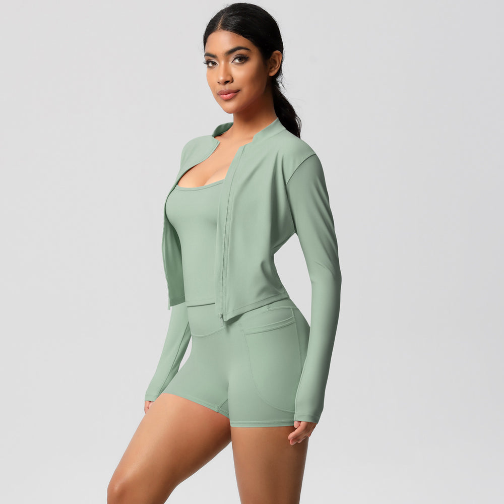 Cloud-feel outdoor leisure sports three-piece set: high-waisted, tight-fitting, pocketed, quick-dry yoga, pilates, running, and fitness apparel