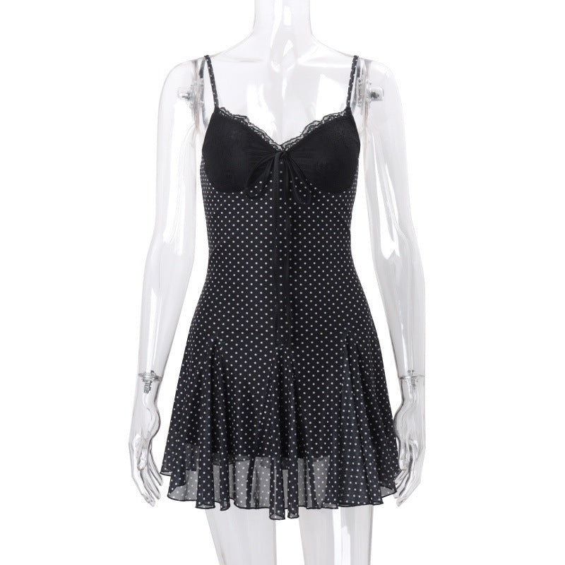 fashion  spring women's new sexy elegant lace trim polka dot see-through tie-up halter dress