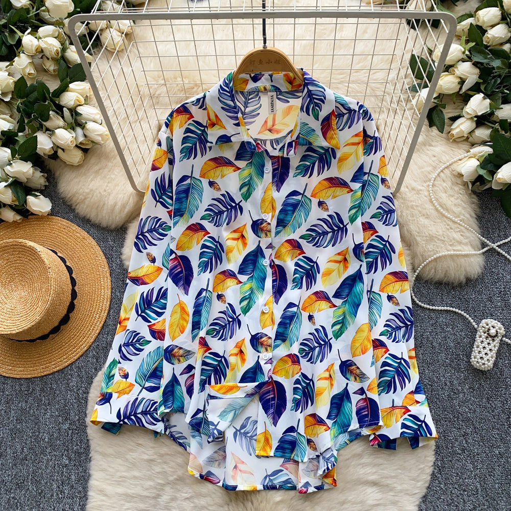 Vacation style printingcomfortable breathable easiest for match shirt women's summerloosecardigan style easiest for matchslimming looktops