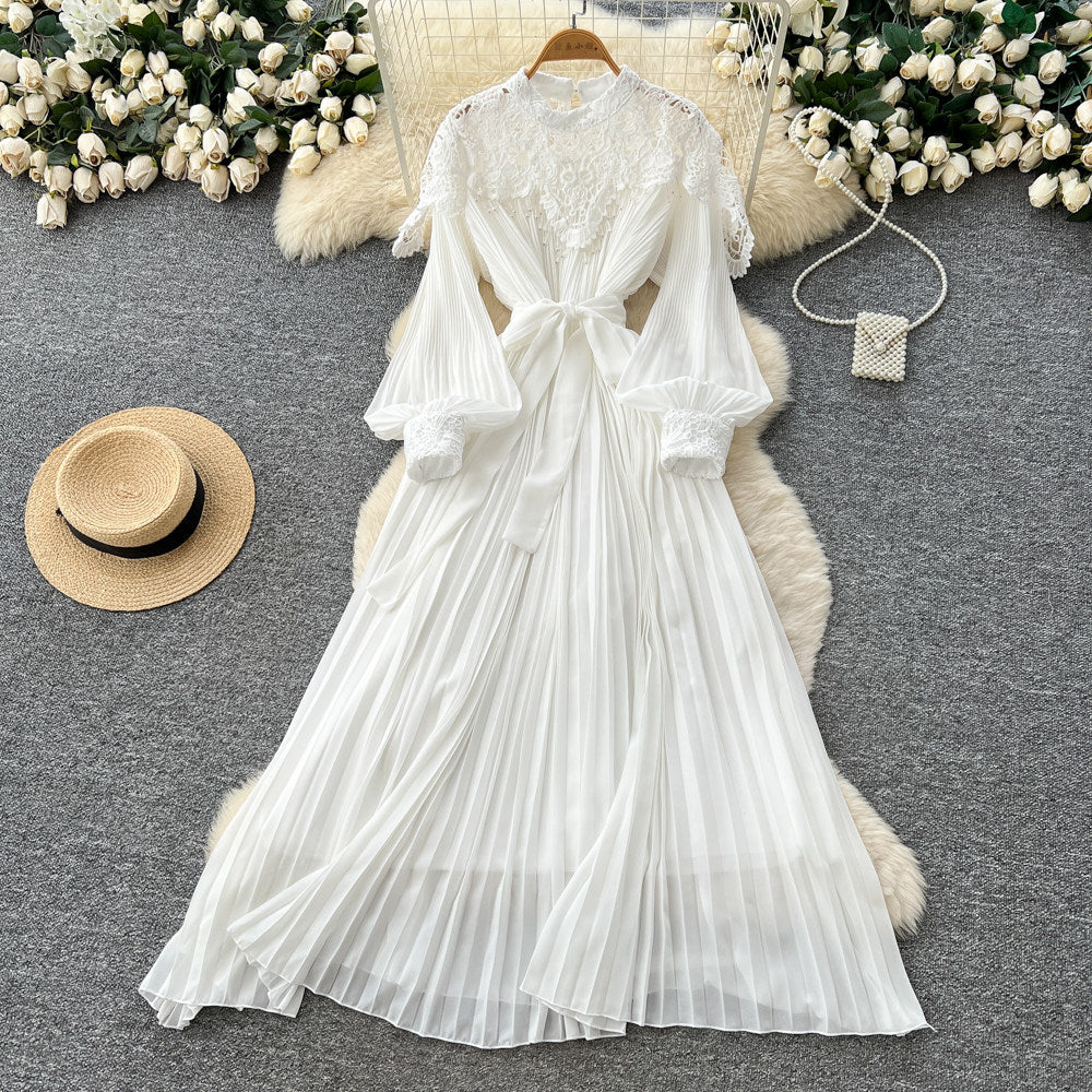 Elegant red lace pleated dress - women's unique tie-waist a-line maxi dress for work and everyday style