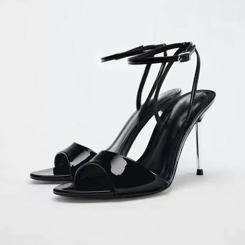 Spain 2025 summer new one-strap peep-toe hollow-out sandals, denim pointed-toe stiletto heels with metallic finish