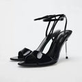 Spain 2025 summer new one-strap peep-toe hollow-out sandals, denim pointed-toe stiletto heels with metallic finish