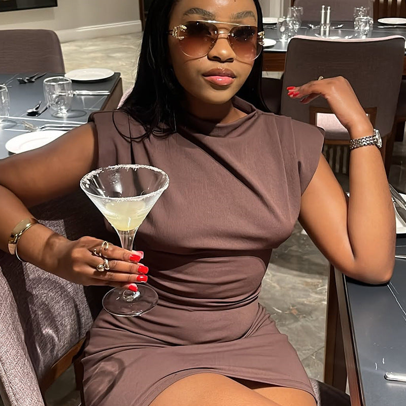 European and American  women's clothing 2025 summer new fashion temperament semi-turtleneck brown slim-fitting short dress