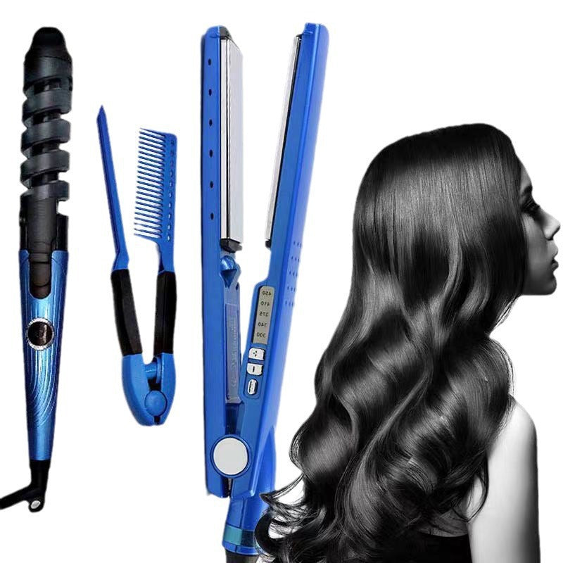 Cross-border hot-selling new three-in-one straight-rolled dual-purpose curling iron, splint, hair straightener, spiral curling iron, comb set.