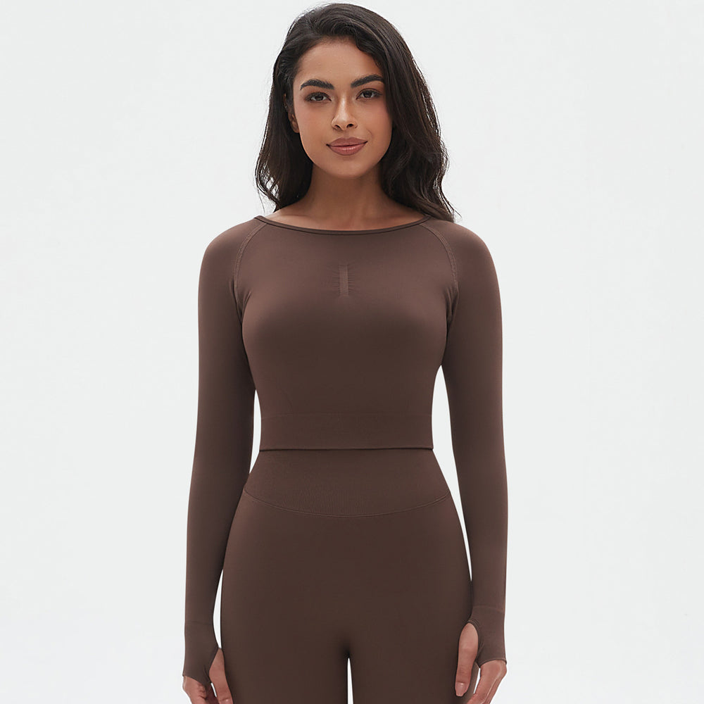 fashion seamless knittingpure color tight high elastic yoga clothes long sleeves sports running fitness yoga tops women
