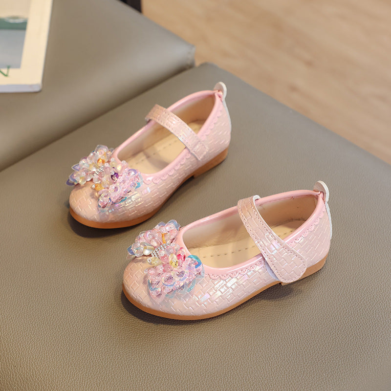spring/autumn korean style girls' leather shoes, bowknot princess flats, children's velcro performance dance shoes, flat sole
