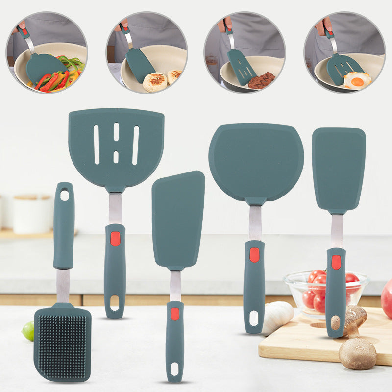 Dark green silicone kitchenware stainless steel handle frying spatula leak spatula kitchen utensils cooking spatula silicone frying pan spatula