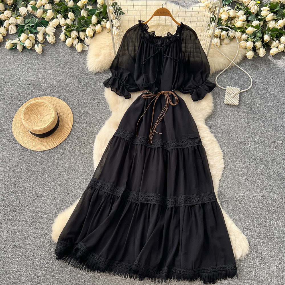 French red puff sleeve commuter short-sleeve dress - women's summer slimming a-line tassel cake dress