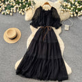 French red puff sleeve commuter short-sleeve dress - women's summer slimming a-line tassel cake dress