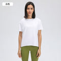 Spring/summer new collection: brushed, barely-there feel yoga short sleeve top. stylish and versatile for everyday wear, breathable, minimalist, and relaxed fit. yoga top ds079