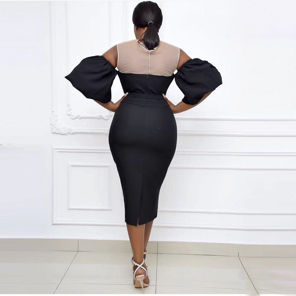 Plus size women's fashion: european & american style african-inspired dress - puff sleeve, off-the-shoulder, sexy bodycon midi dress with belt