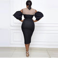 Plus size women's fashion: european & american style african-inspired dress - puff sleeve, off-the-shoulder, sexy bodycon midi dress with belt