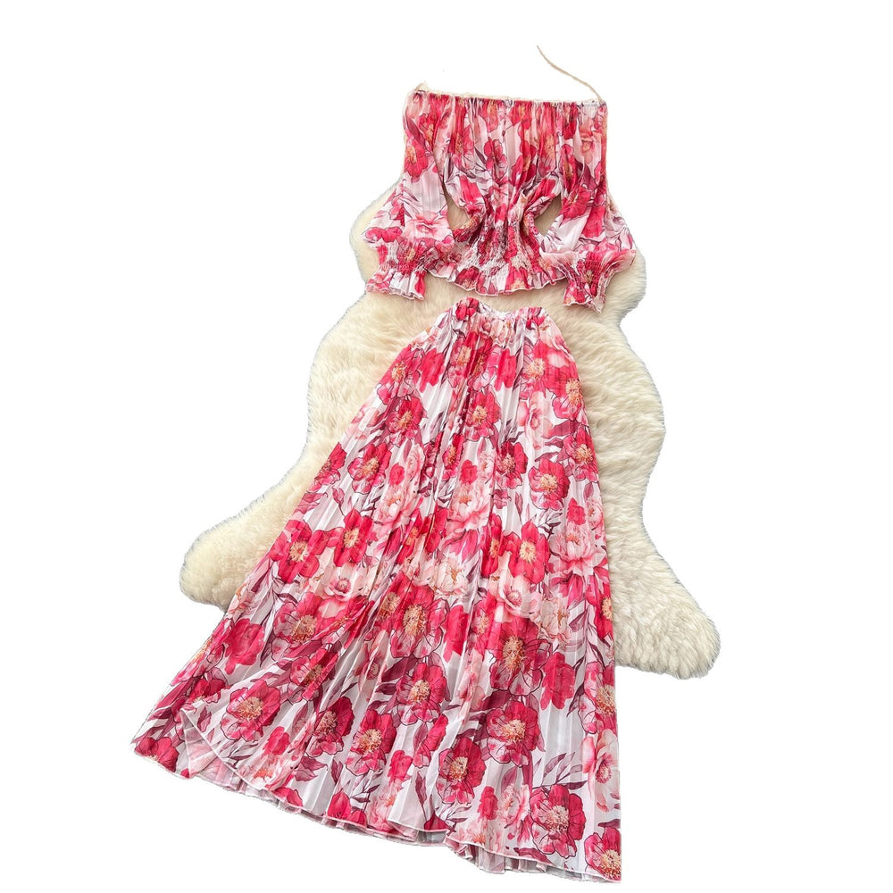 French style women's autumn outfit set: chic off-the-shoulder lantern sleeve floral top with high-waisted pleated midi skirt