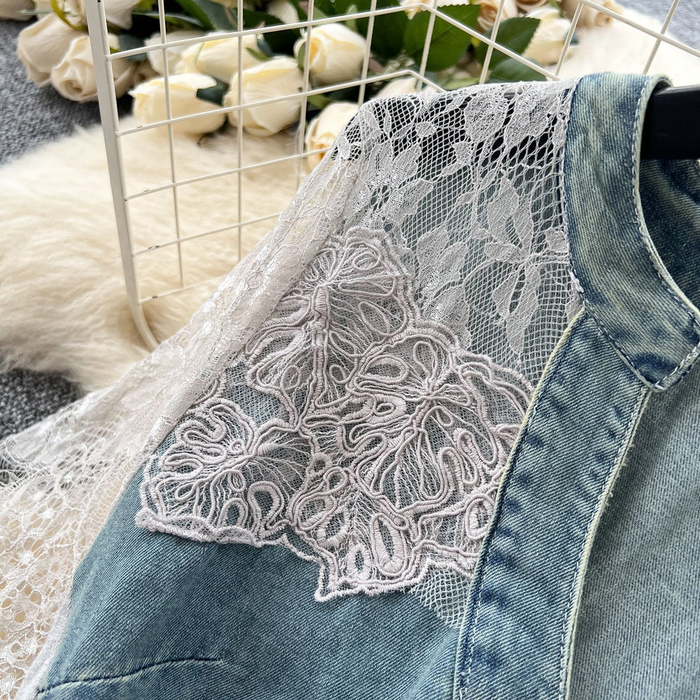 Sophisticated style niche styleretrov necklacepatchwork short-sleeved waist denim dress women's summer silm slit long skirt