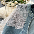 Sophisticated style niche styleretrov necklacepatchwork short-sleeved waist denim dress women's summer silm slit long skirt