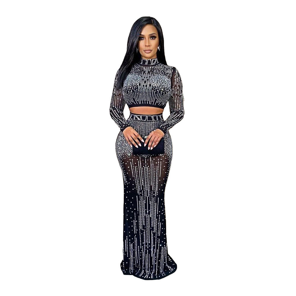 Cross-border  women's hot diamond dress set, semi-turtleneck sexy open-button top, hip-wrapped skirt set.