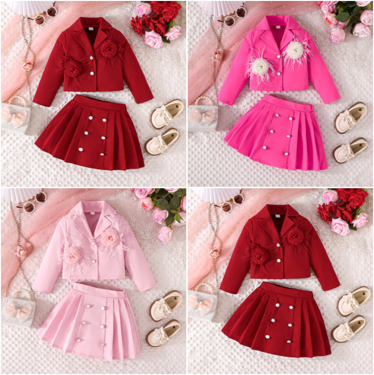 girls' solid color preppy style outfit: new autumn 3d floral blazer + pleated skirt set
