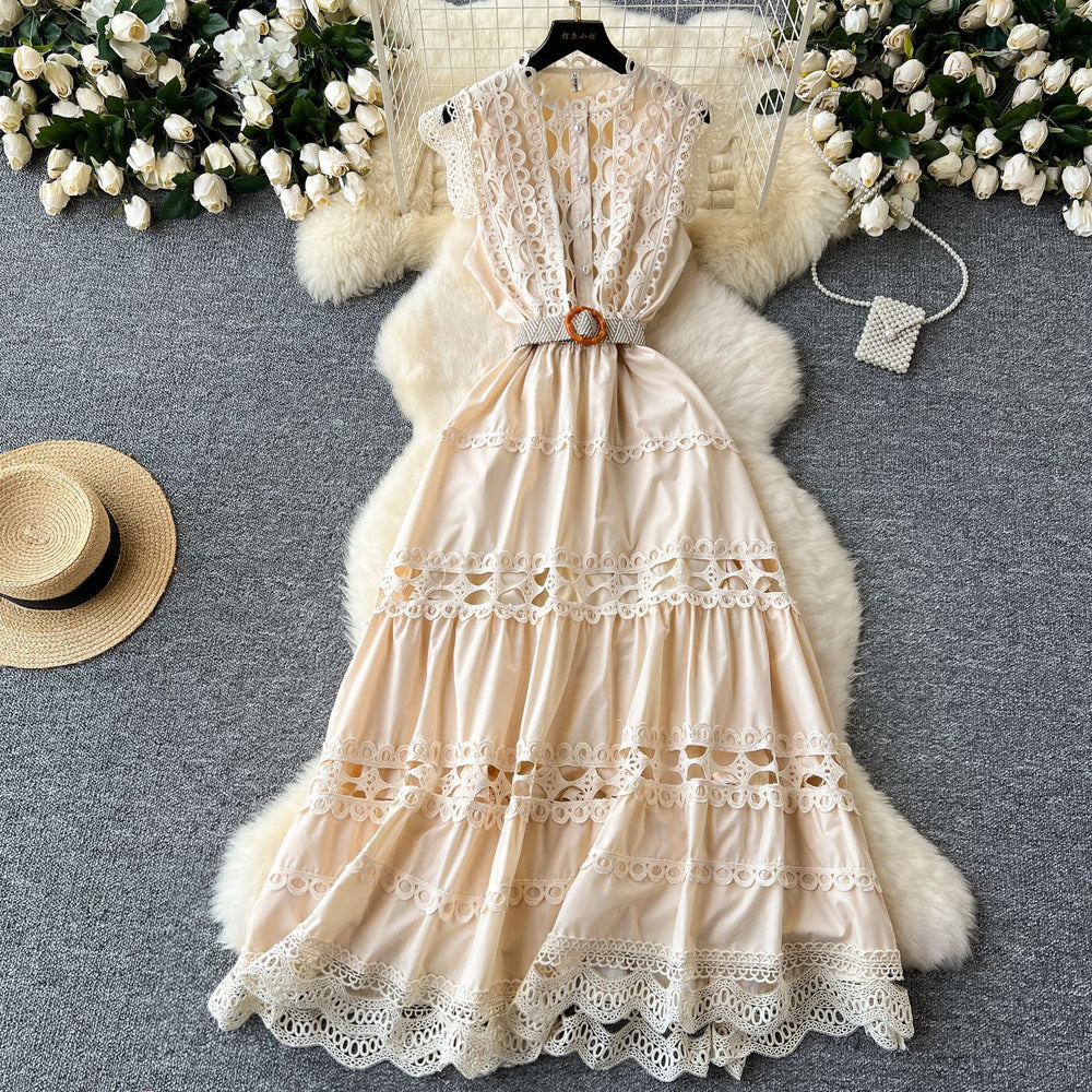 Palace retrofrenchlong dress women's fashionelegancecut outlacepatchwork sleeveless waist swing dress