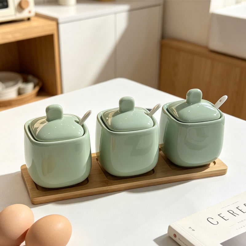 Wow, simple style seasoning jar ceramic seasoning box for home with lid wooden tray msg salt shaker round seasoning jar