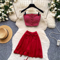 Korean style red striped bandeau top and tie-waist midi skirt set - women's summer slim fit flattering two-piece hot girl outfit