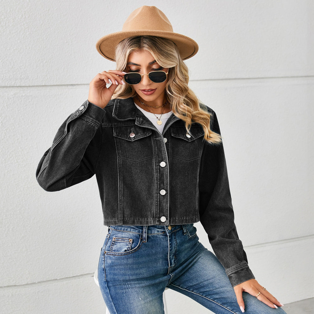 American hot girl   new cross-border export washed denim cropped jacket top long sleeve women's