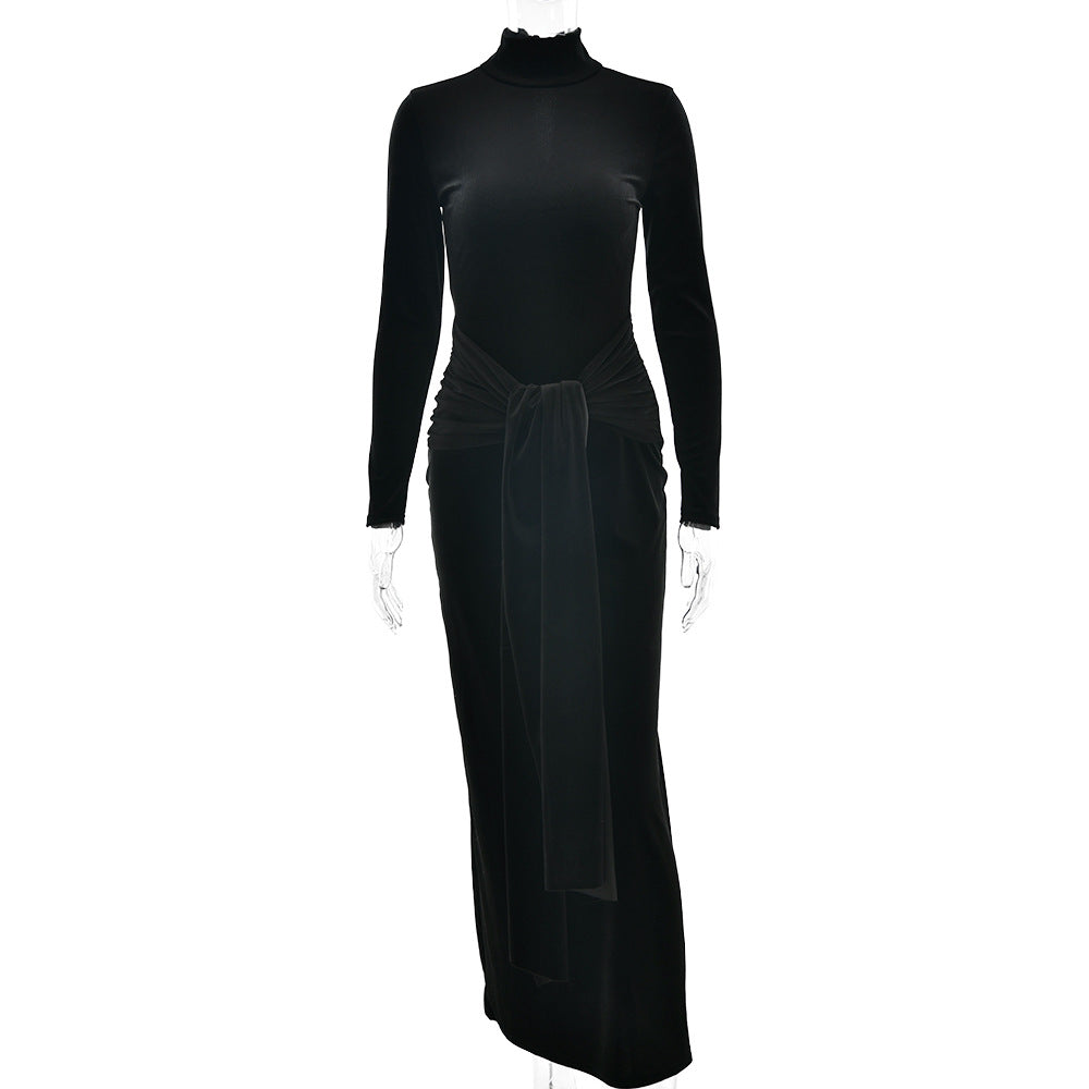 European and American  autumn and winter sexy women's dress, semi-turtleneck long-sleeved solid color long dress with straps and pleated dress