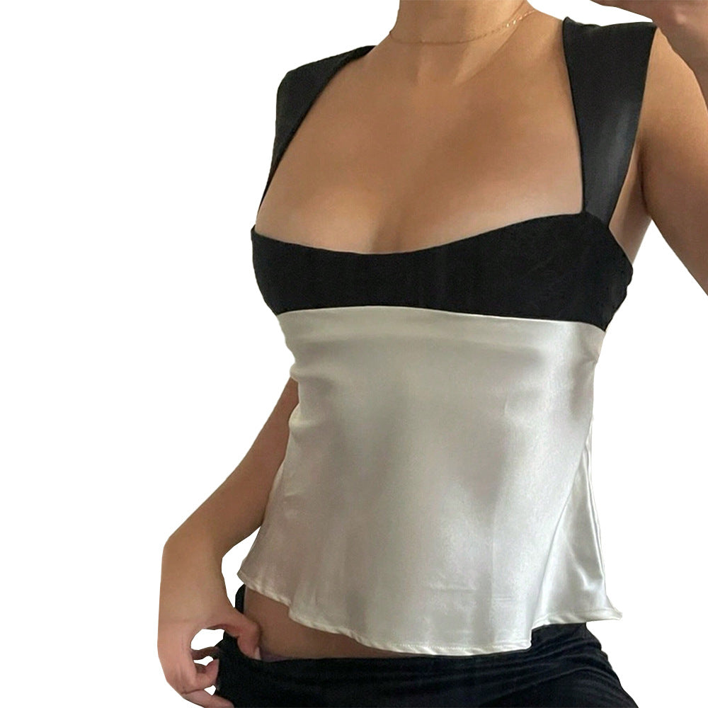 Amazon cross-border export women's clothing niche design vest spring and summer new arrivalshortcontrast colorsatin suspender tops