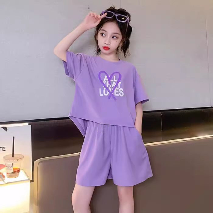Girls' summer outfit set : stylish kids' active shorts, trendy two-piece set for girls (mid-to-large size)