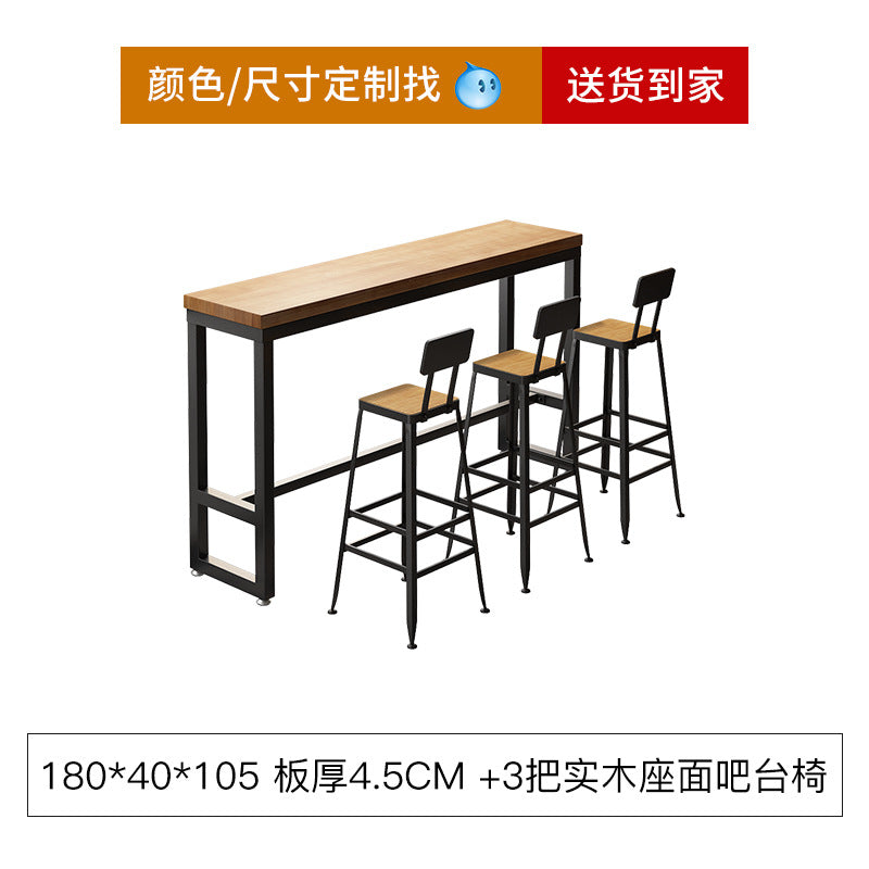 Bar table and chair combination Industrial style wrought iron solid wood bar High foot milk tea shop Cake shop Narrow table against the wall