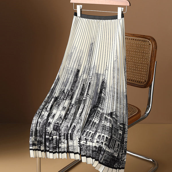 Heavy industry black and white printed pleated skirt women's summer new thin style Hepburn high waist A word bust skirt