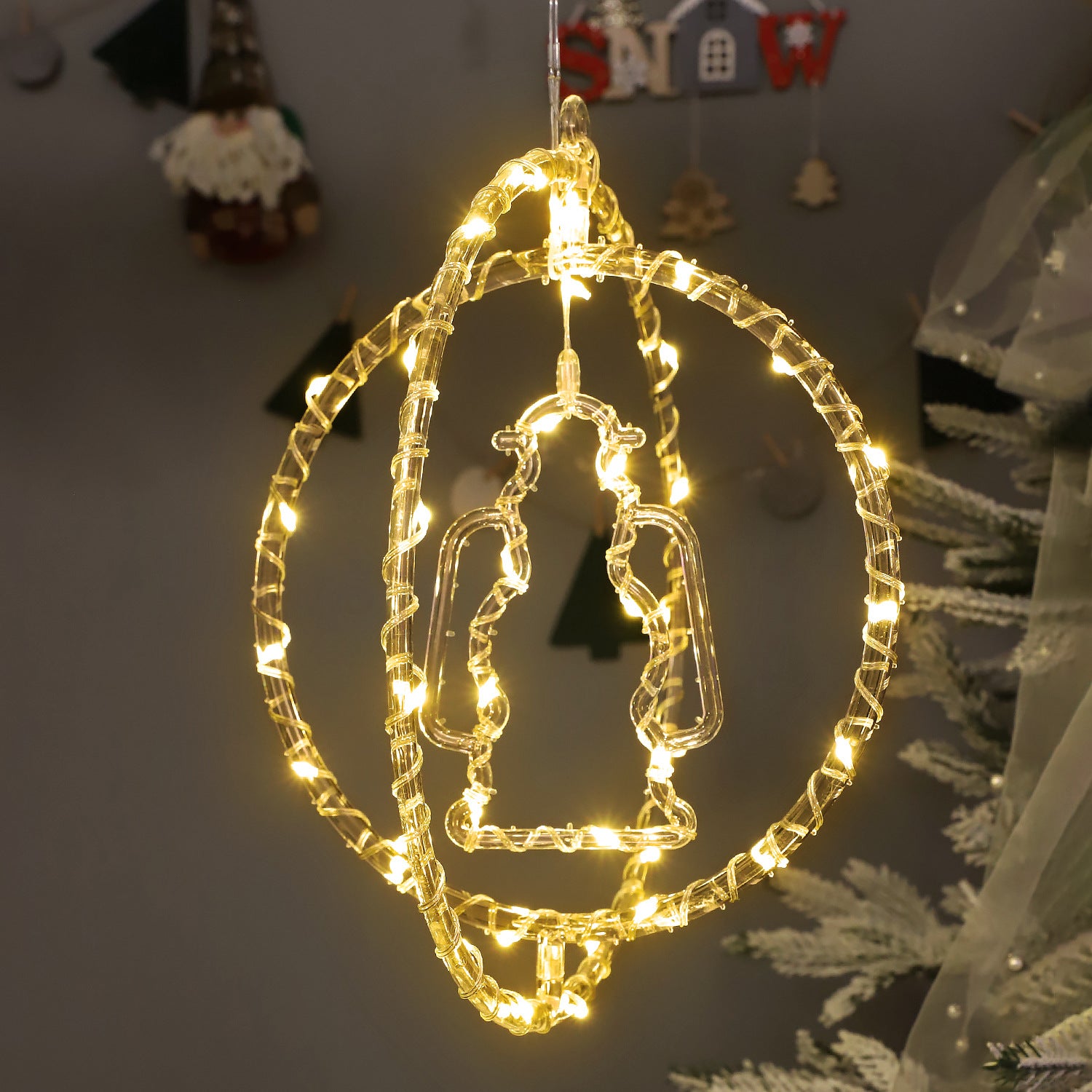 Cross-border LED Christmas decorative lights supermarket window layout atmosphere remote control battery box double ring LED lantern string