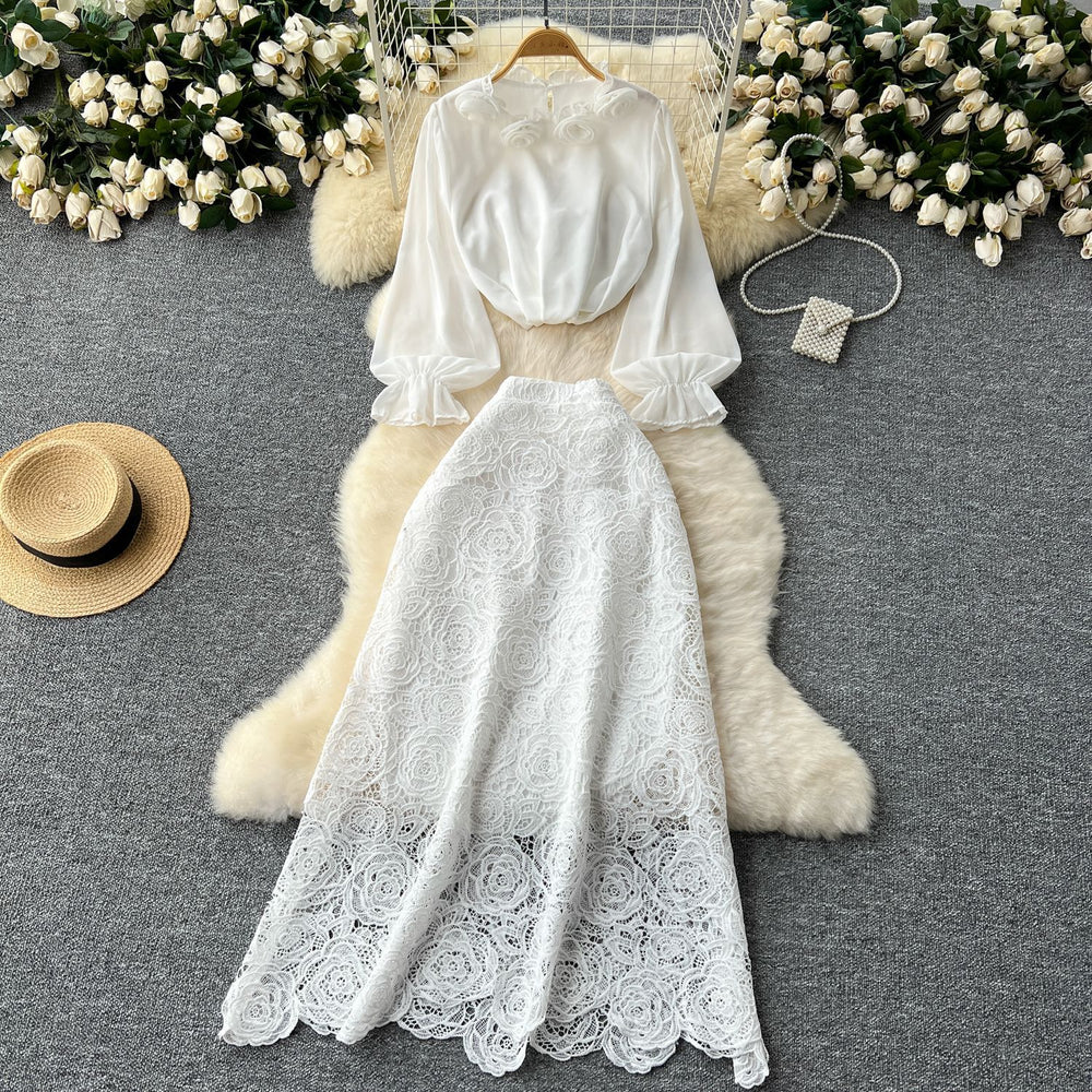 Elegant two-piece set: women's high-end 3d floral french long-sleeve blouse + high-waisted midi lace skirt