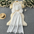 Elegant two-piece set: women's high-end 3d floral french long-sleeve blouse + high-waisted midi lace skirt