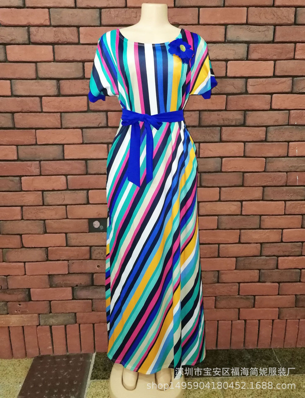 Factory direct export supply: colorful striped batwing sleeve belted maxi dress - clearance sale!