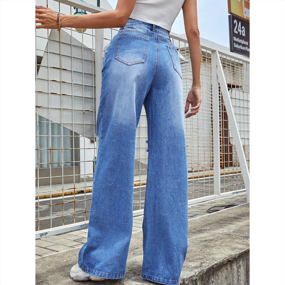 Ready-to-ship 30988# european and american gradient denim jeans, new women's fashion, distressed straight-leg loose wide-leg pants