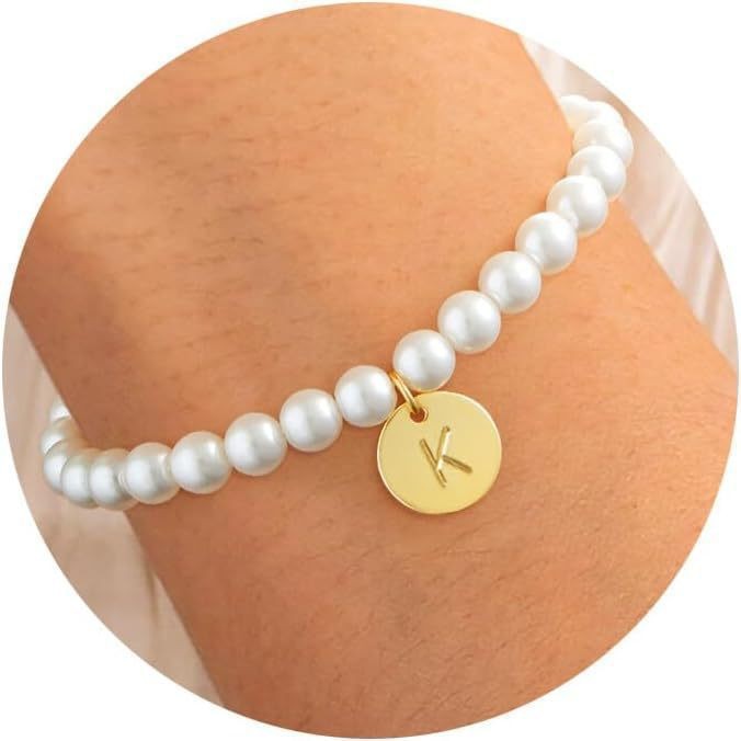 Amazon gold 26 letter coin pendant bracelet imitation pearl beaded bracelet women's bridesmaid gift jewelry