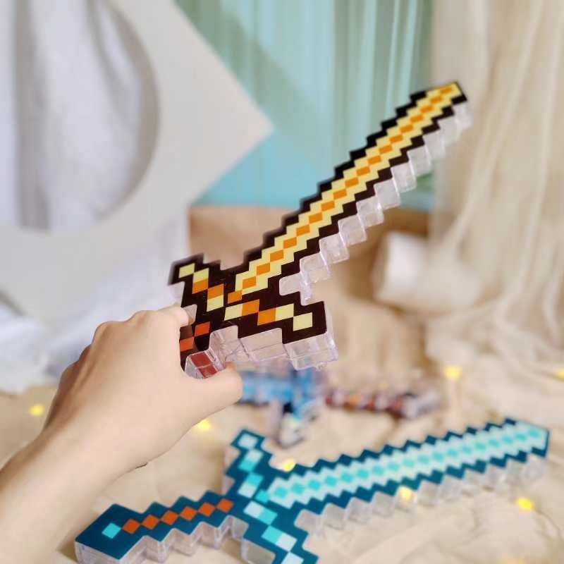 My minecraft diamond sword and pickaxe toy weapon, minecraft game mini world mosaic glowing sword, crystal sword