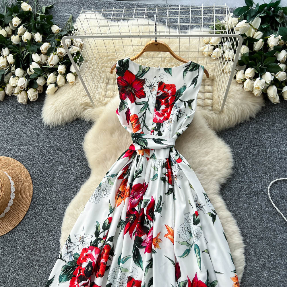 European and american style niche fashion printed dress - women's high-end tie-waist slimming sleeveless vest maxi dress