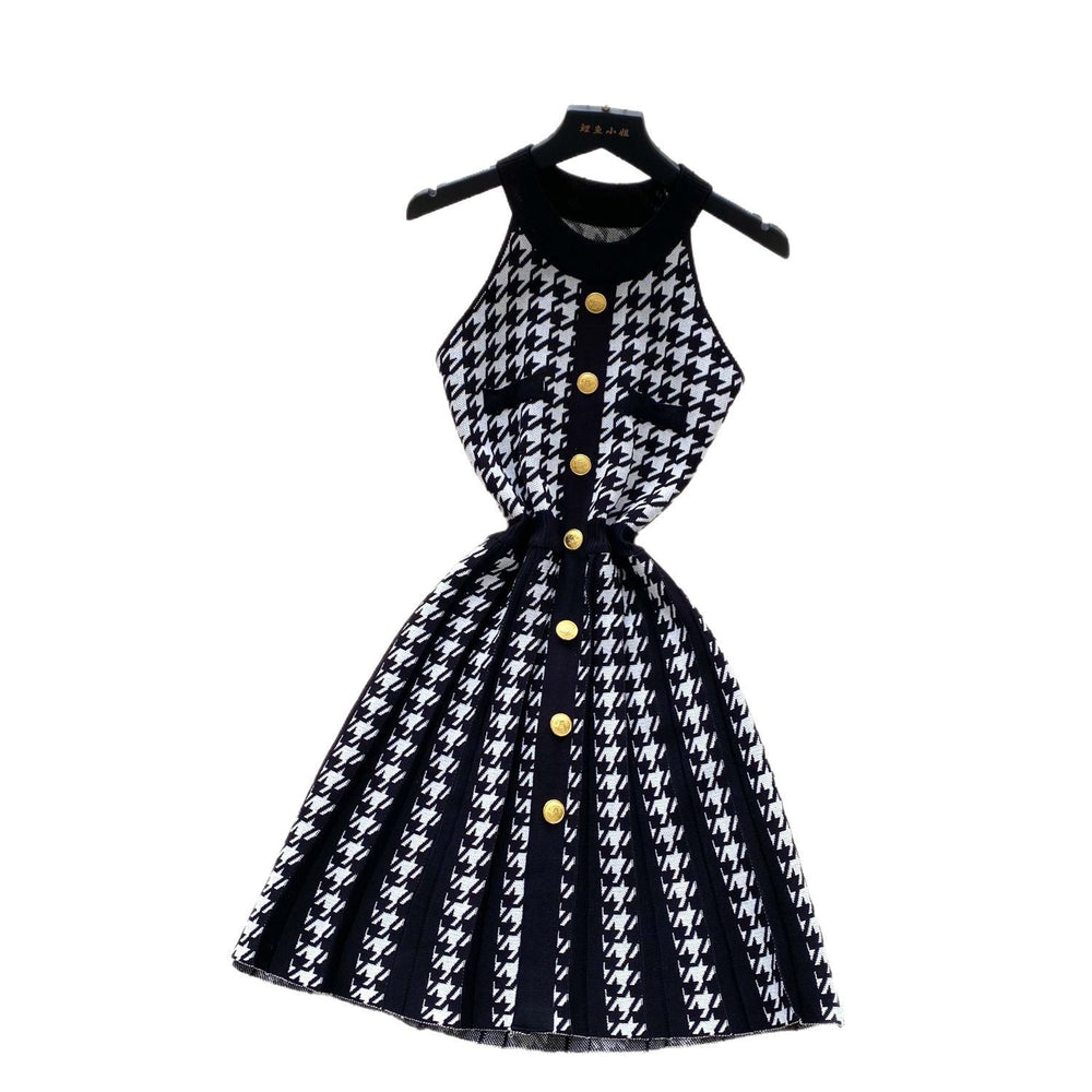 Chanel-inspired sleeveless halter knit dress - women's  summer french style cinched waist metallic buckle houndstooth sweater dress
