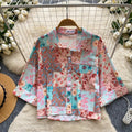 Korean style commute chic color block breathable printed shirt - women's short sleeve casual loose fit cardigan top - elegant summer