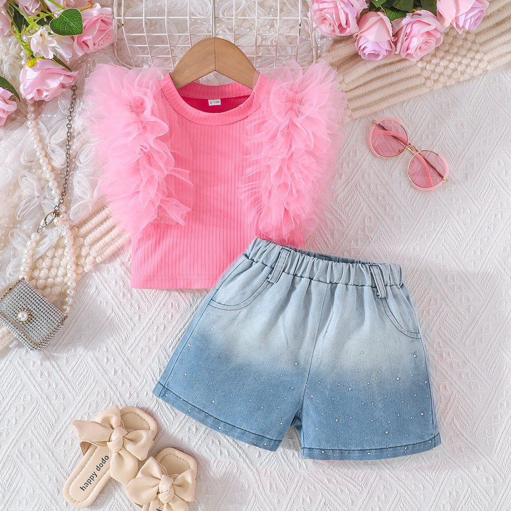 new girls' pink mesh ruffle sleeveless top + gradient rhinestone denim shorts set