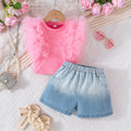 new girls' pink mesh ruffle sleeveless top + gradient rhinestone denim shorts set