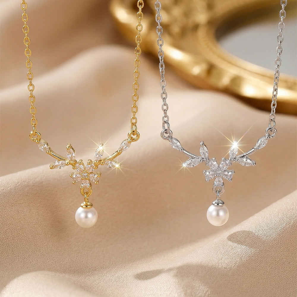 Popular popular elegant copper inlaid zirconium pearl necklace for women accessible luxuryniche stylesweetnew arrival non-fading clavicle chain jewelry